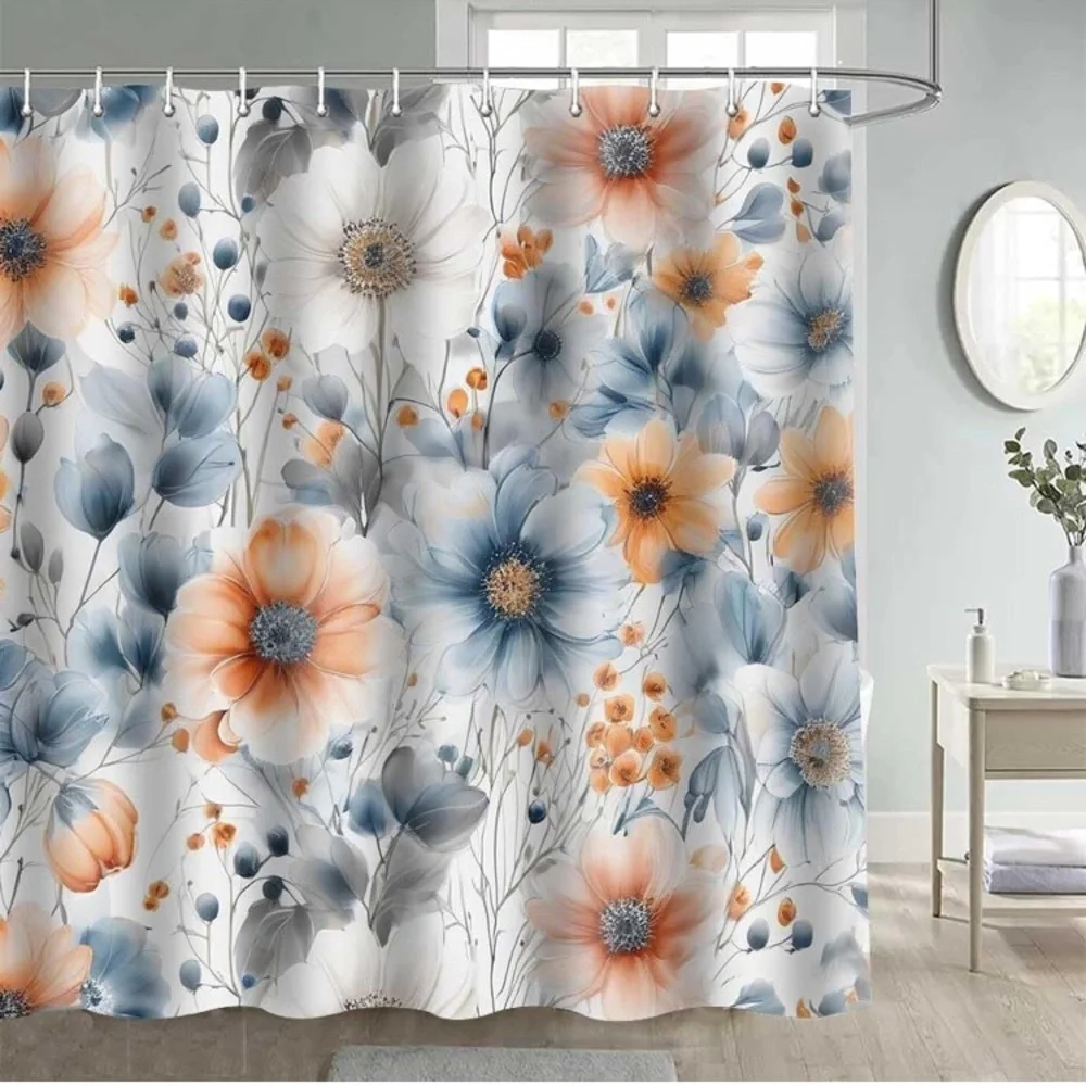 Floral Shower Curtain - Blue, Orange, Gray